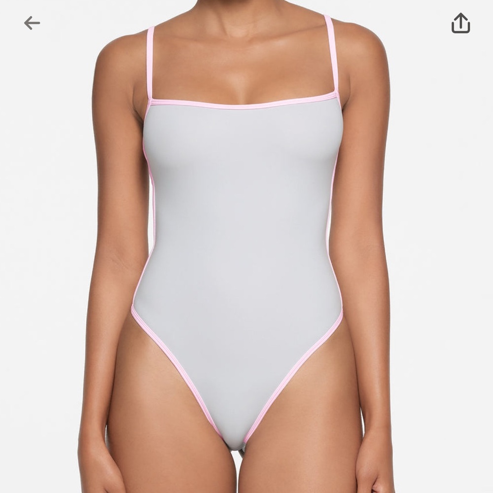 SKIMS Gray Bodysuit with Pink Trim NWT